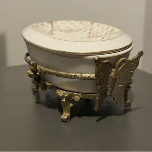 Footed Brass Butterfly Soap Dish Holder Vintage White Porcelain Dish Regency VTG